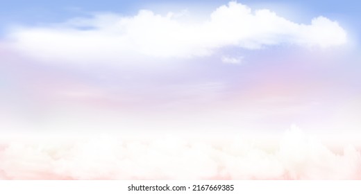 Clear blue, orange and pink sky and white cloud detail  with copy space. Sky Landscape Background.Summer heaven with colorful clearing sky. Vector illustration.Sweet sky clouds background.