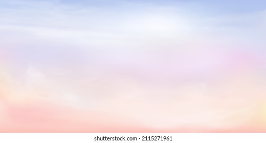 Clear blue and orange sky and white cloud detail  with copy space. Summer heaven with colorful sweet sky. Sugar cotton pink clouds for design.Fantasy pastel background. Vector illustration.