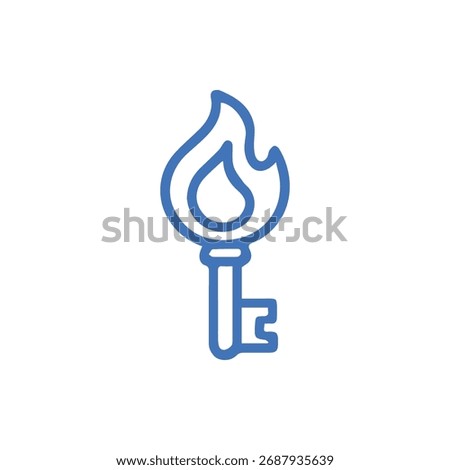 A clear blue outline icon featuring an old-fashioned key with a prominent flame rising from its head symbolizing inspiration knowledge and unlocking potential