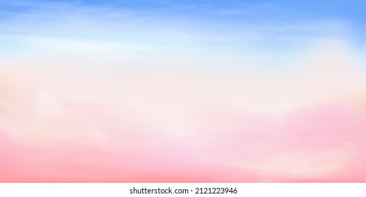 Cielo azul claro a rosa a naranja y detalles en la nube blanca con espacio para copiar. Cielo de verano con un cielo dulce y colorido. Nubes de algodón de azúcar rosa para el diseño.Montaje de color pastel fantástico. Ilustración vectorial.