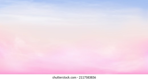 Clear blue to pink sky and white cloud detail  with copy space. Summer heaven with colorful sweet sky. Sugar cotton pink clouds for design.Fantasy pastel background. Vector illustration.