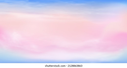 Clear blue to pink sky and white cloud detail  with copy space. Summer heaven with colorful sweet sky. Sugar cotton pink clouds for design.Fantasy pastel background. Vector illustration.