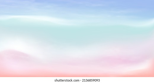 Cielo azul a rosa transparente y detalles en la nube blanca con espacio de copia. Cielo de verano con un cielo dulce y colorido. Nubes de algodón de azúcar rosa para el diseño.Montaje de color pastel fantástico. Ilustración vectorial.