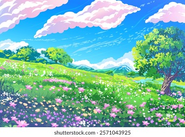 Clear blue sky with clouds, blooming meadow and one tree. Romantic sunny summer nature background. Vector illustration of wildflowers beauty in cartoon anime style.