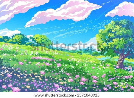 Clear blue sky with clouds, blooming meadow and one tree. Romantic sunny summer nature background. Vector illustration of wildflowers beauty in cartoon anime style.