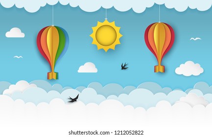 Clear Blue Sky With Clouds, Flying Birds, Hanging Sun And Hot Air Balloons With Bows. Swallows Flying In The Sky. Paper Craft Summer Scenery Background. Cute Cartoon Wallpaper. Vector Illustration.