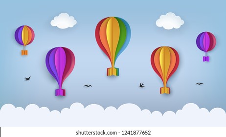 Clear blue sky with clouds, flying birds, rainbow-colored hot air balloons. Swallows flying in the sky. Paper craft summer scenery background. Cute cartoon wallpaper. Vector Illustration. 