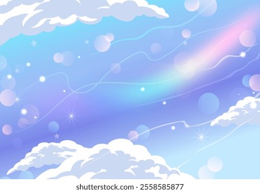 Clear blue sky with clouds and rainbow. Magic romantic sky background. Vector illustration in cartoon anime style.