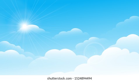 Clear blue sky and glare sun image. Vector clouds on blues skies background, sunshine light ray on welkin abstract graphic