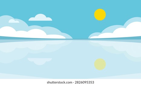 Clear blue sky and lake landscape vector graphic with landscape, reflection