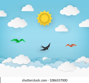 Clear blue sky with sun, clouds and flying birds. Swallow flying in the sky. Cloudy scenery background. Paper and craft style. Origami birds. Clean and minimal design. Vector Illustration. 