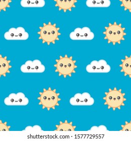 Clear blue sky. Sun and clouds. Cute kawaii weather icons. Japanese cartoon manga style. Funny anime characters. Trendy vector illustration for kids. Seamless pattern. Bright blue background