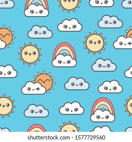 Clear blue sky. Sun and clouds, rainbow. Cute kawaii weather icons. Japanese cartoon manga style. Funny anime characters. Trendy vector illustration for kids. Seamless pattern. Bright blue background