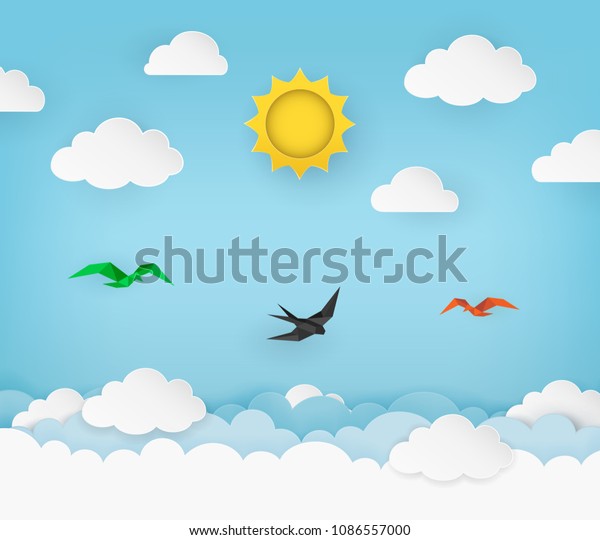 晴れた青空と太陽 雲 飛ぶ鳥 空を飛ぶツバメ 曇りの背景 紙工 折り紙の鳥 クリーンで最小限のデザイン ベクターイラスト のベクター画像素材 ロイヤリティフリー