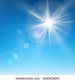 Clear blue sky with sun shine. Lens flare effect. EPS 10 vector file