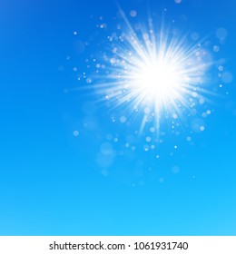 Clear blue sky with sun shine. Lens flare effect. EPS 10 vector file