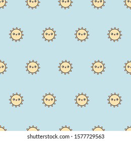 Clear blue sky. Sun with smile. Cute kawaii weather icons. Japanese cartoon manga style. Funny anime characters. Trendy vector illustration for kids. Seamless pattern. Blue background