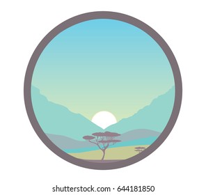 Clear blue sky, sunrise vector nature landscape
savanna, acacia tree