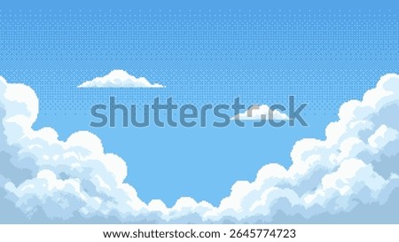 Clear blue sky with white clouds in a pixel art style. Game background or level design for retro arcade games. Video game asset.