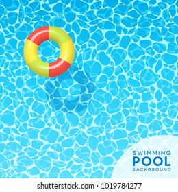 Clear blue swimming pool water background with floating swim ring. For banners, brochures, invitations about spring break, travel, and summer. Vector illustration.