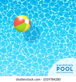 Clear blue swimming pool water background with floating beach ball. For banners, backgrounds, social media, spring break, travel, and summer. Vector illustration.