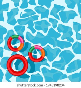Clear blue swimming pool water background with floating swim ring.For banners, brochures, invitations about spring break, travel, and summer. Vector illustration.