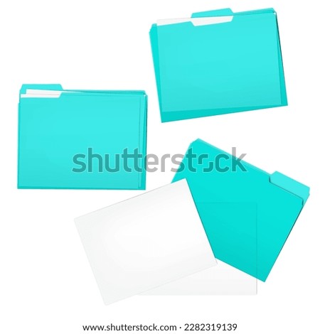 Clear blue tabbed plastic file folders with white paper sheets. Color PVC folder with cut tab set. Office paperwork stationery