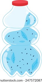 Clear blue water bottle illustration. Red cap plastic bottle cartoon. Fresh water leaves bubbles design