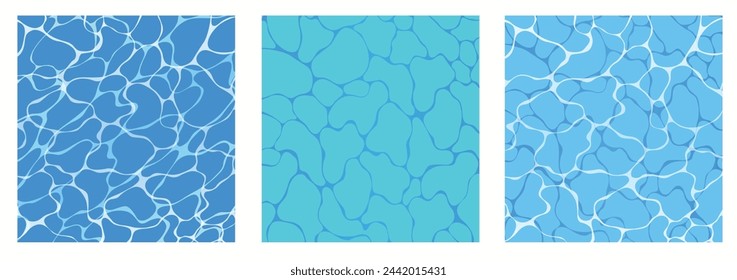 Clear blue water surface seamless pattern illustration set. Sea waves abstract backgrounds. Modern flat cartoon background design with tranquil turquoise ripples. Summer vacation backdrop collection