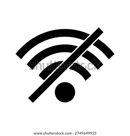 A clear, bold black icon representing no Wi-Fi signal or a disabled wireless connection. This symbol signifies an internet outage, lost connection, or unavailable network.