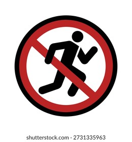 Ícone claro e negrito representando uma silhueta preta de uma pessoa correndo, fechado dentro de um círculo vermelho atravessado por uma linha diagonal. Este símbolo universalmente reconhecido comunica uma proibição contra a corrida, comumente usada em espaços públicos, como piscinas, hospitais, escolas e zonas de segurança. O design de alto contraste garante visibilidade e compreensão imediatas, tornando-o ideal para sinalização, materiais instrutivos e comunicações de segurança.