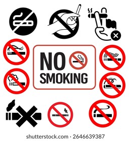 A clear and bold vector illustration of a "No Smoking" warning sign. Ideal for use in public places, offices, hospitals, and digital signage to promote a smoke-free environment. Features a universally