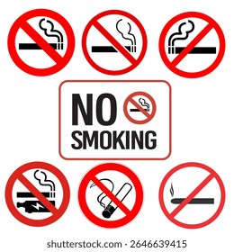 A clear and bold vector illustration of a "No Smoking" warning sign. Ideal for use in public places, offices, hospitals, and digital signage to promote a smoke-free environment. Features a universally