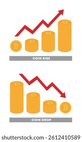 A clear and bold visual representation of Bitcoin’s market trends. Featuring stacks of coins with rising and falling arrows, it’s ideal for cryptocurrency, investment, and finance-related designs.