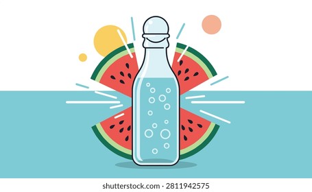 Clear bottle of carbonated watermelon beverage stands between two fresh slices of juicy red watermelon fruit.