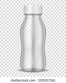 Clear bottle with round white screw cap on transparent background, realistic vector mockup. Liquid food product empty packaging container, template.