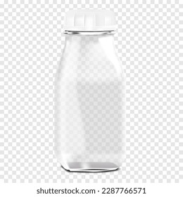 Klare Flasche mit rundem weißem Schraubverschluss auf transparentem Hintergrund realistischer Vektorgrafik nach oben. Flüssige Lebensmittel, leere Behältnisse, Muster auffüllen. Vorlage für Design