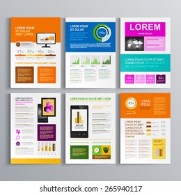 Clear brochure template design with color shapes and elements. Cover layout and infographics