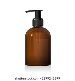 Clear brown glass bottle with black pump with liquid inside isolated on white background. Dark amber plastic packaging. Shampoo, sanitizer, soap dispenser. 3d vector cosmetic bottle mockup template