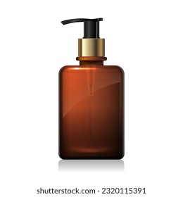 Clear brown glass bottle with golden pump with liquid inside isolated on white background. Square shape dark amber packaging. Shampoo, sanitizer, soap dispenser. 3d vector bottle mockup template