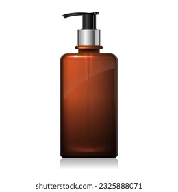 Clear brown glass bottle with silver pump with liquid inside isolated on white background. Square shape dark amber packaging. Shampoo, sanitizer, soap dispenser. 3d vector bottle mockup template