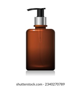 Clear brown glass bottle with silver pump with liquid inside isolated on white background. Square shape dark amber packaging. Shampoo, sanitizer, soap dispenser. 3d vector bottle mockup template