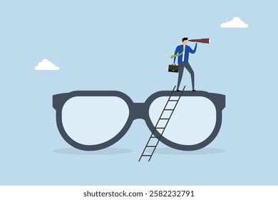 Clear business vision, businessman climb up big eyeglasses see vision on telescope