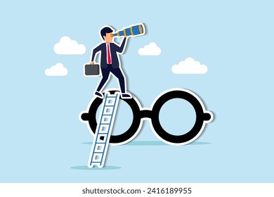 Clear business vision, clarity or transparency, discover way to success or looking for business opportunity, precision or accuracy concept, businessman climb up big eyeglasses see vision on telescope.