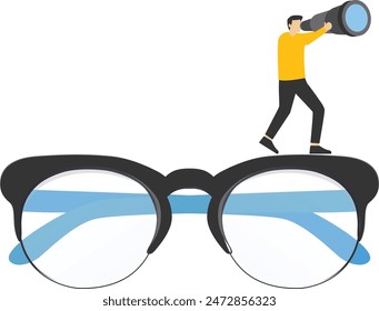 Clear business vision, clarity or transparency, discover way to success or looking for business opportunity, precision or accuracy concept, businessman climb up big eyeglasses see vision on telescope.