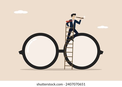 Clear business vision, finding a way to succeed or looking for business opportunities, concept of precision or accuracy, businessman climbing big glasses looking at the vision in a telescope.