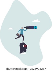 Visão de negócios clara para ver oportunidade futura, desafio para superar a dificuldade de ver real visionário .personagem para o design.