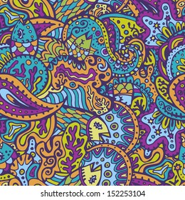 Clear and cheerful stylized sea life seamless pattern. Hand drawn cartoon aquatic endless backdrop