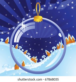 Clear Christmas ball on the background of a winter night scenery. Through it can be seen the hills and small houses.