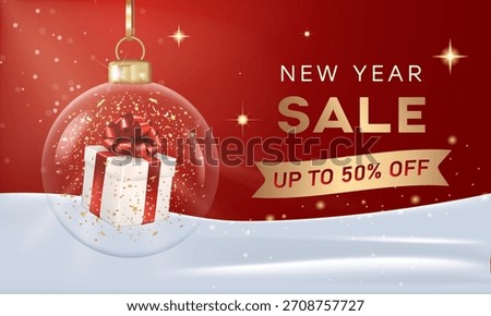 A clear Christmas tree ball with a gift box inside. Lots of glitter and gold sparkly. New Year's sale with 50% off on a red background with snow.